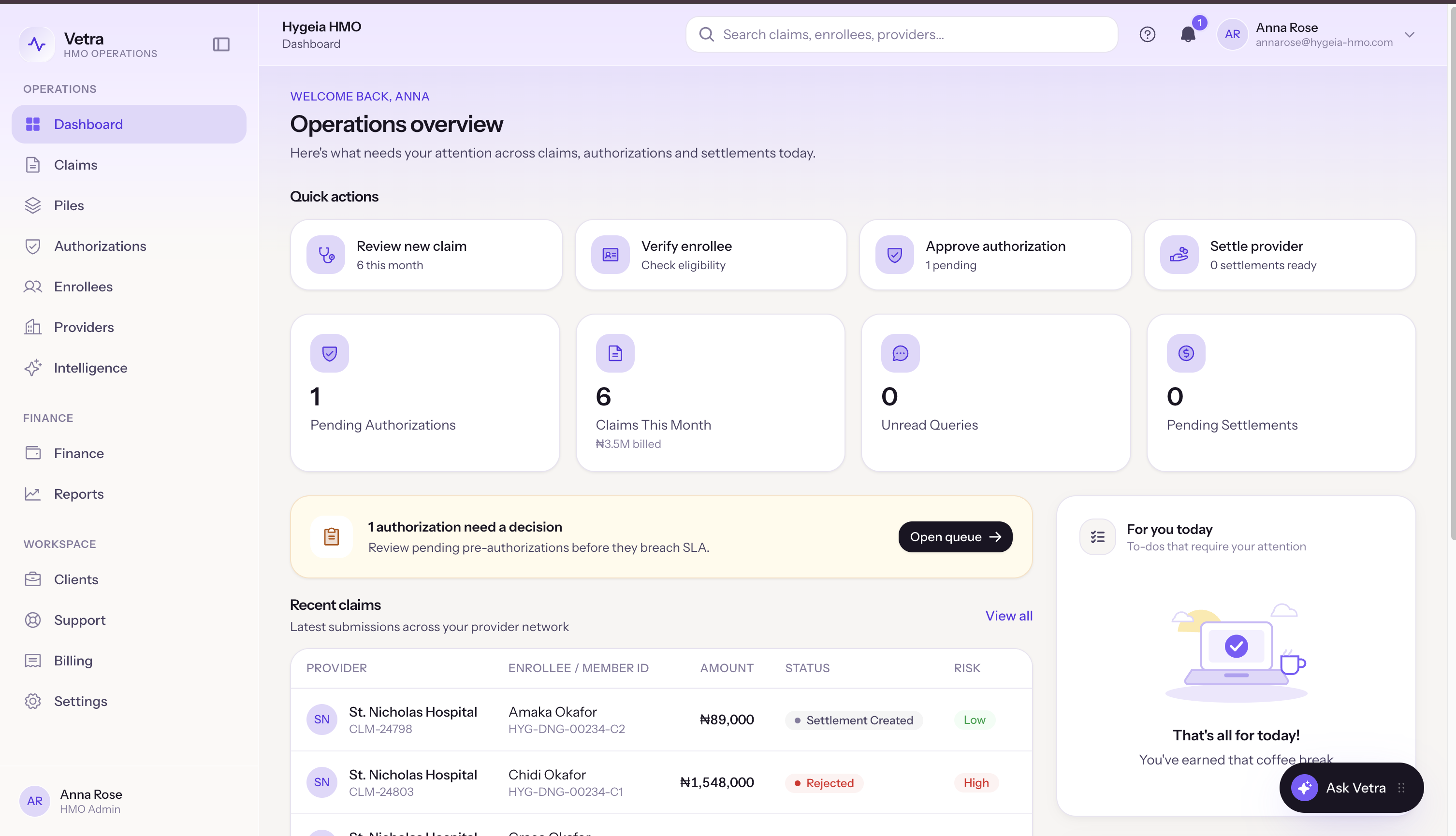 Vetra HMO operations dashboard - claims queue, authorisations and settlements on one screen